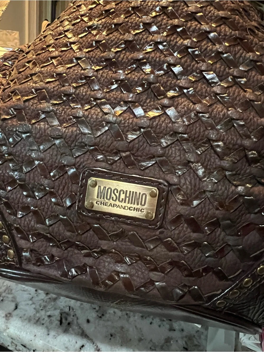 Moschino Dark Brown Woven Leather Hobo with Stud Accents
